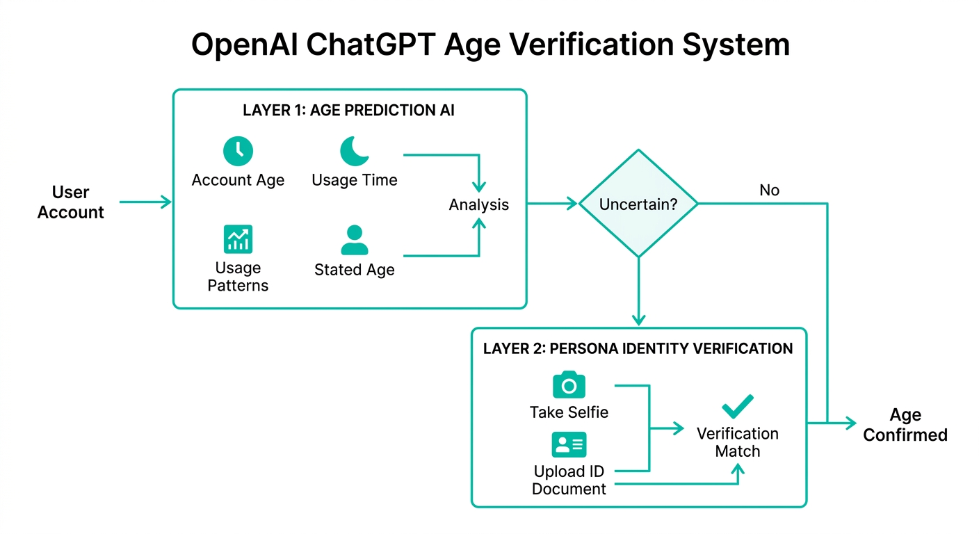 OpenAI ChatGPT年齢認証システムの2層構造(年齢予測AIとPersona本人確認のフロー図)(公式サイトより)