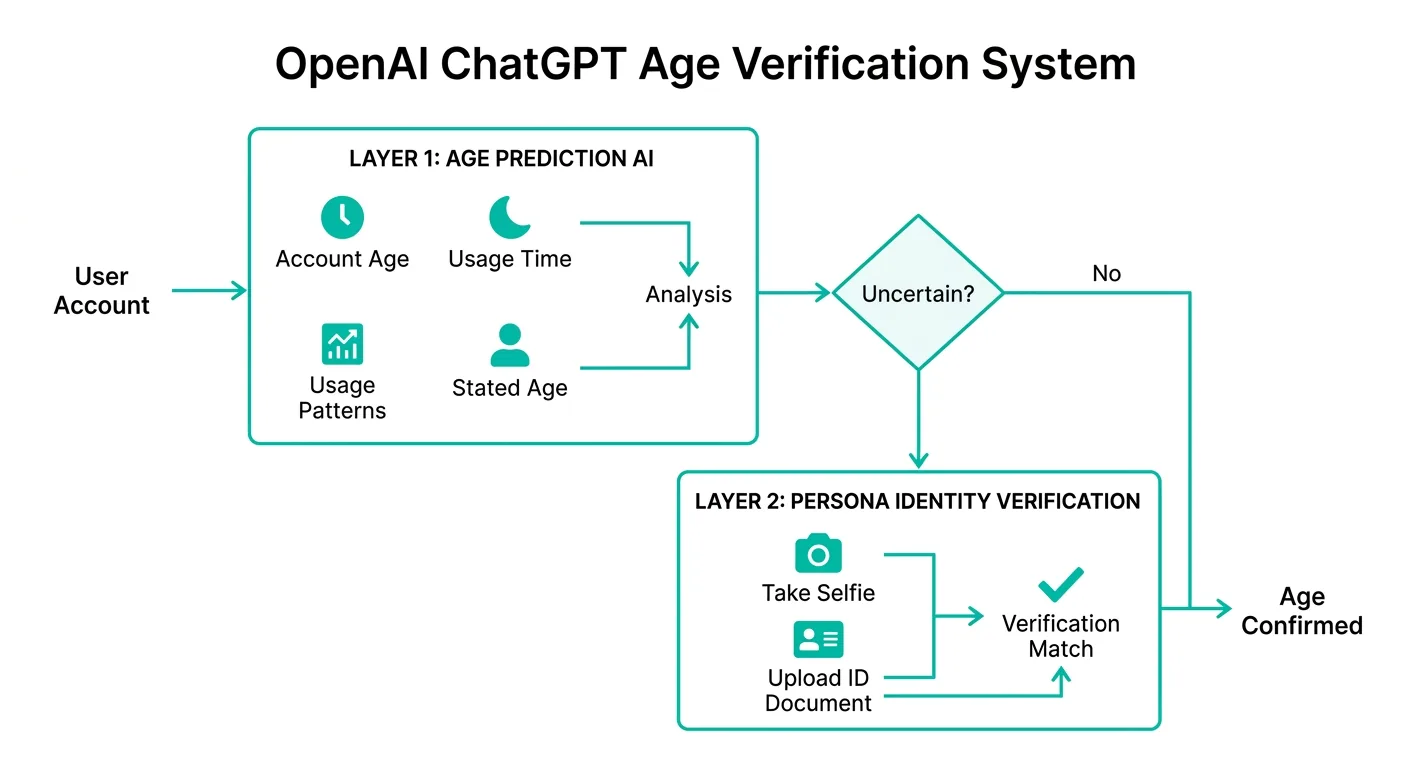 OpenAI ChatGPT年齢認証システムの2層構造(年齢予測AIとPersona本人確認のフロー図)(公式サイトより)