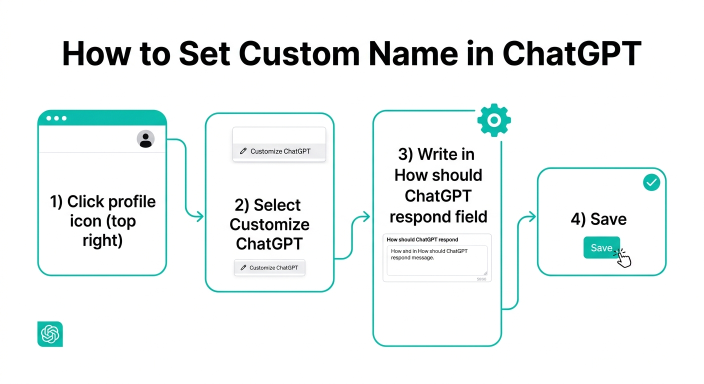 ChatGPTのカスタム指示設定フロー:プロフィールアイコン→カスタマイズ→応答設定→保存の4ステップ