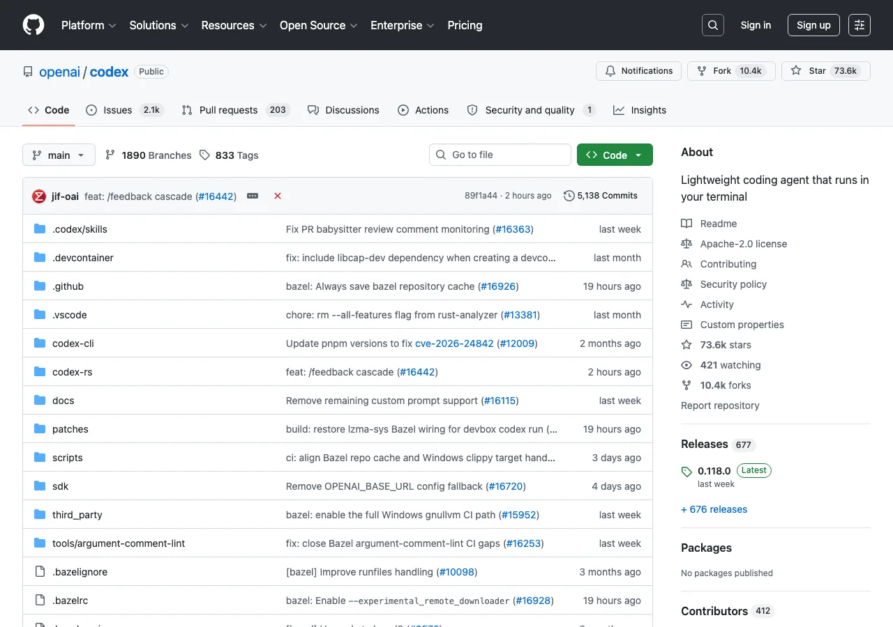 openai/codexのGitHubリポジトリ - スター数73,000以上のオープンソースCLIツール（GitHub公式より）