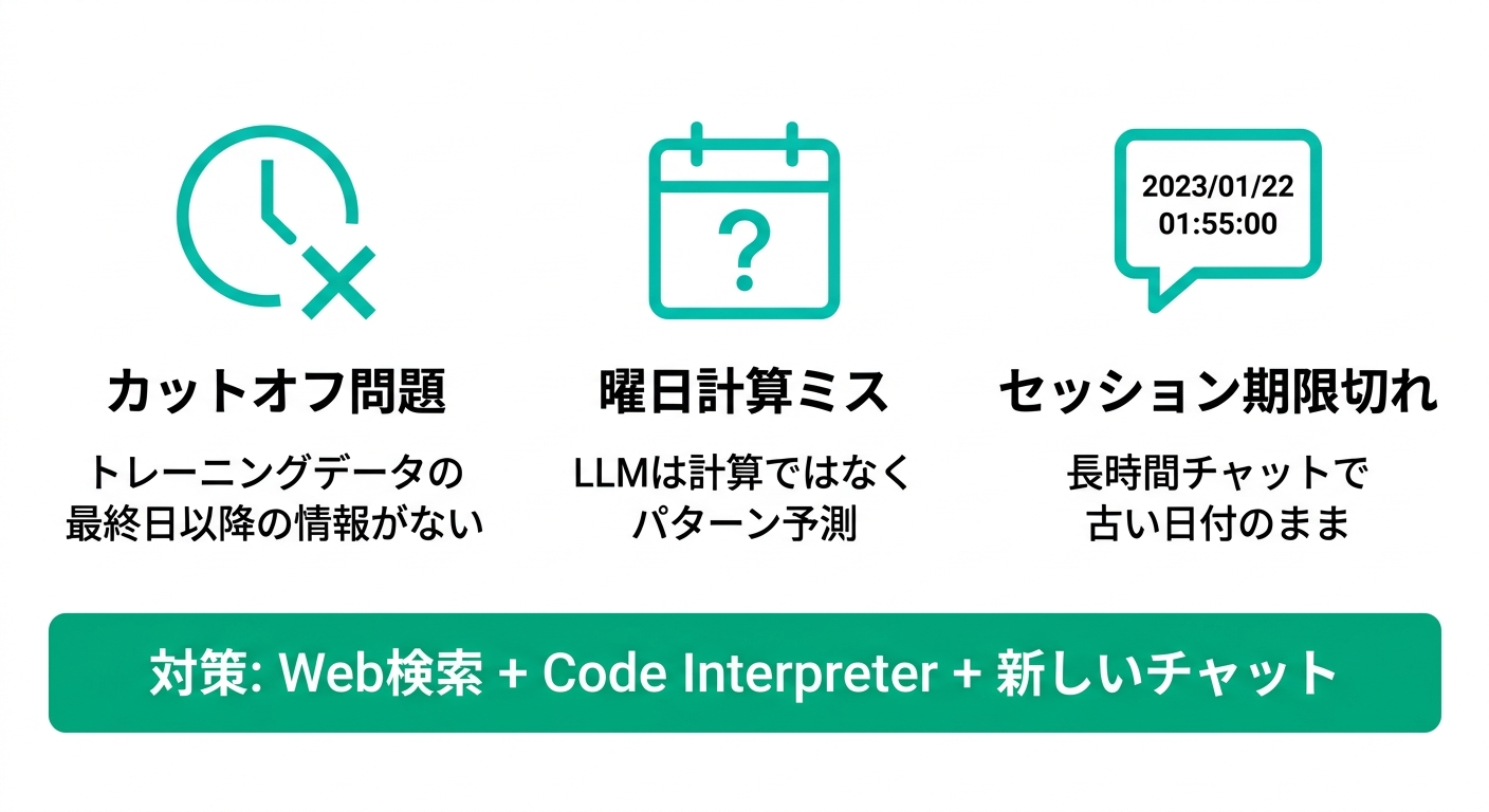 ChatGPTが日付を間違える3つのパターン: カットオフ問題・曜日計算ミス・セッション期限切れ