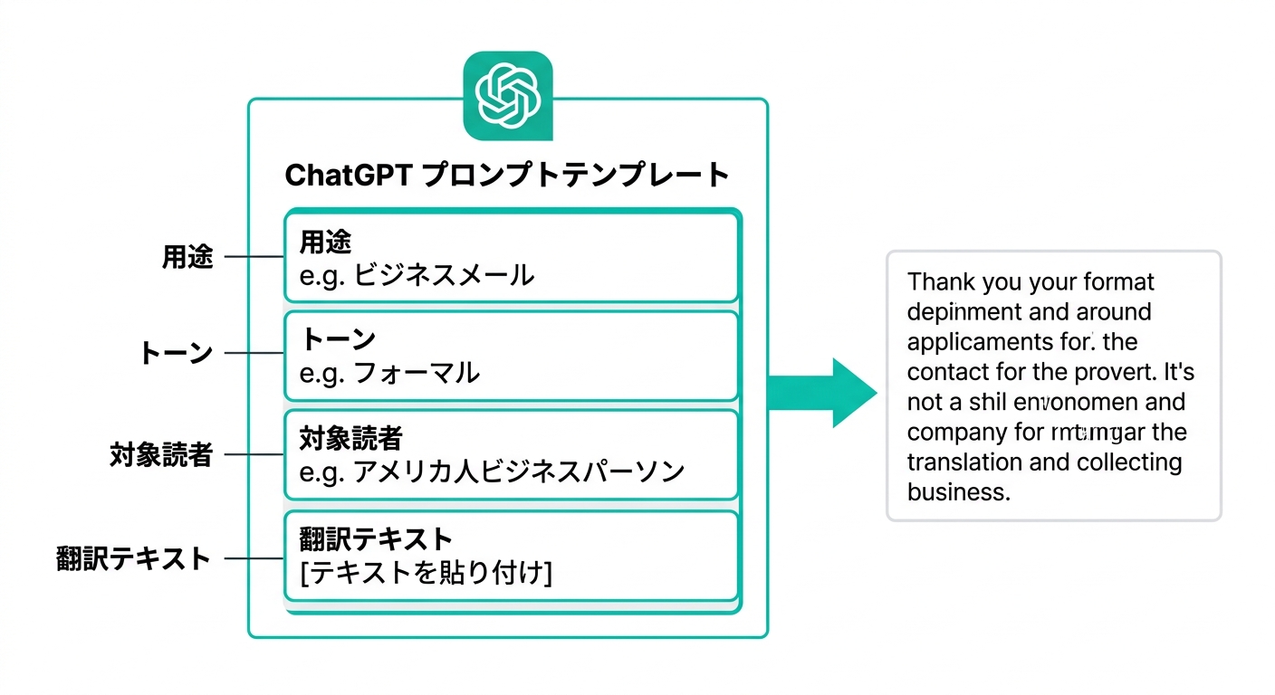 ChatGPT英訳プロンプトテンプレートの構造図(用途・トーン・対象読者・テキストの4要素)