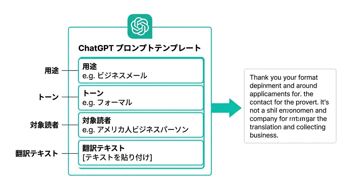 ChatGPT英訳プロンプトテンプレートの構造図（用途・トーン・対象読者・テキストの4要素）