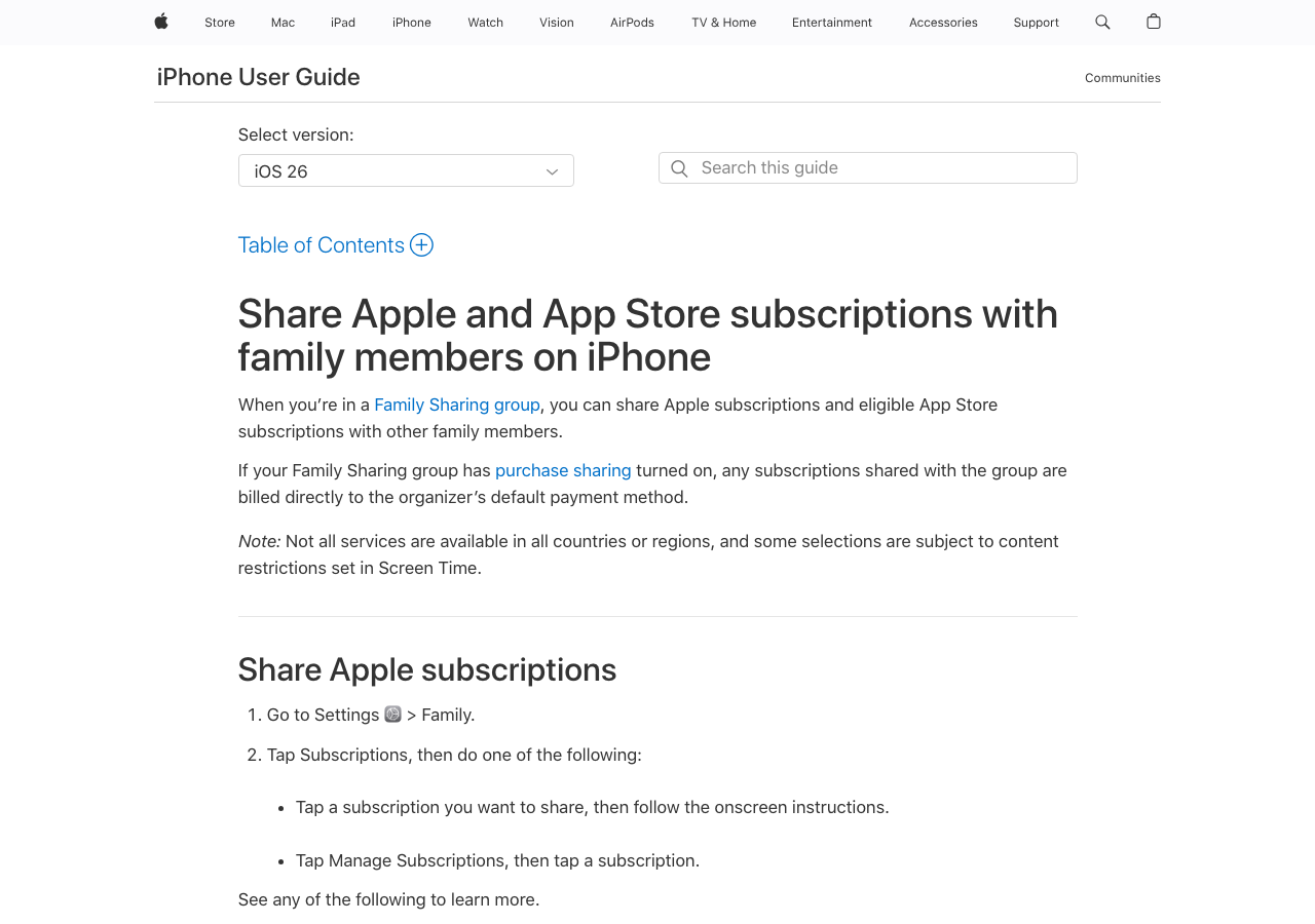 Appleファミリー共有のサブスクリプション共有設定画面(公式サイトより)