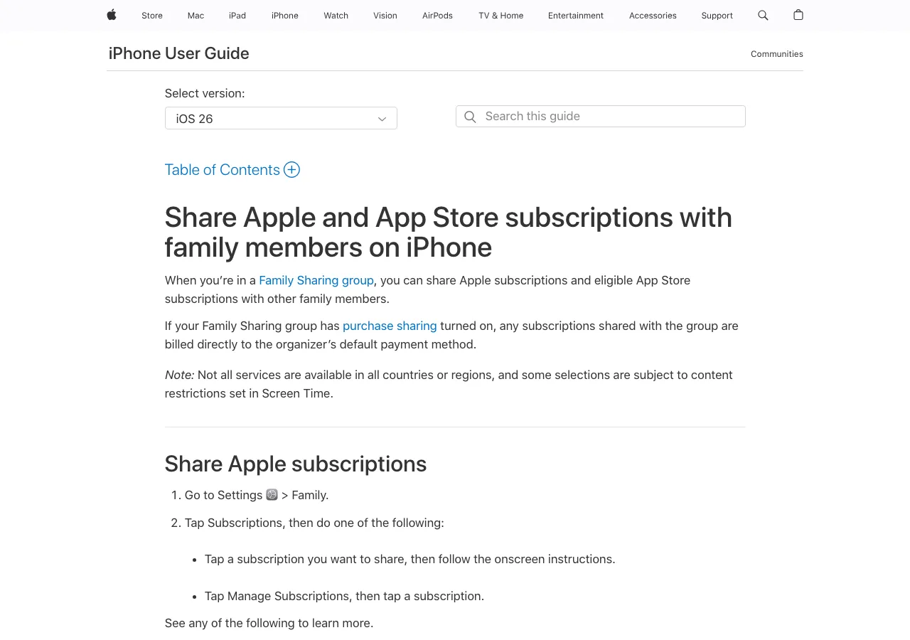 Appleファミリー共有のサブスクリプション共有設定画面（公式サイトより）