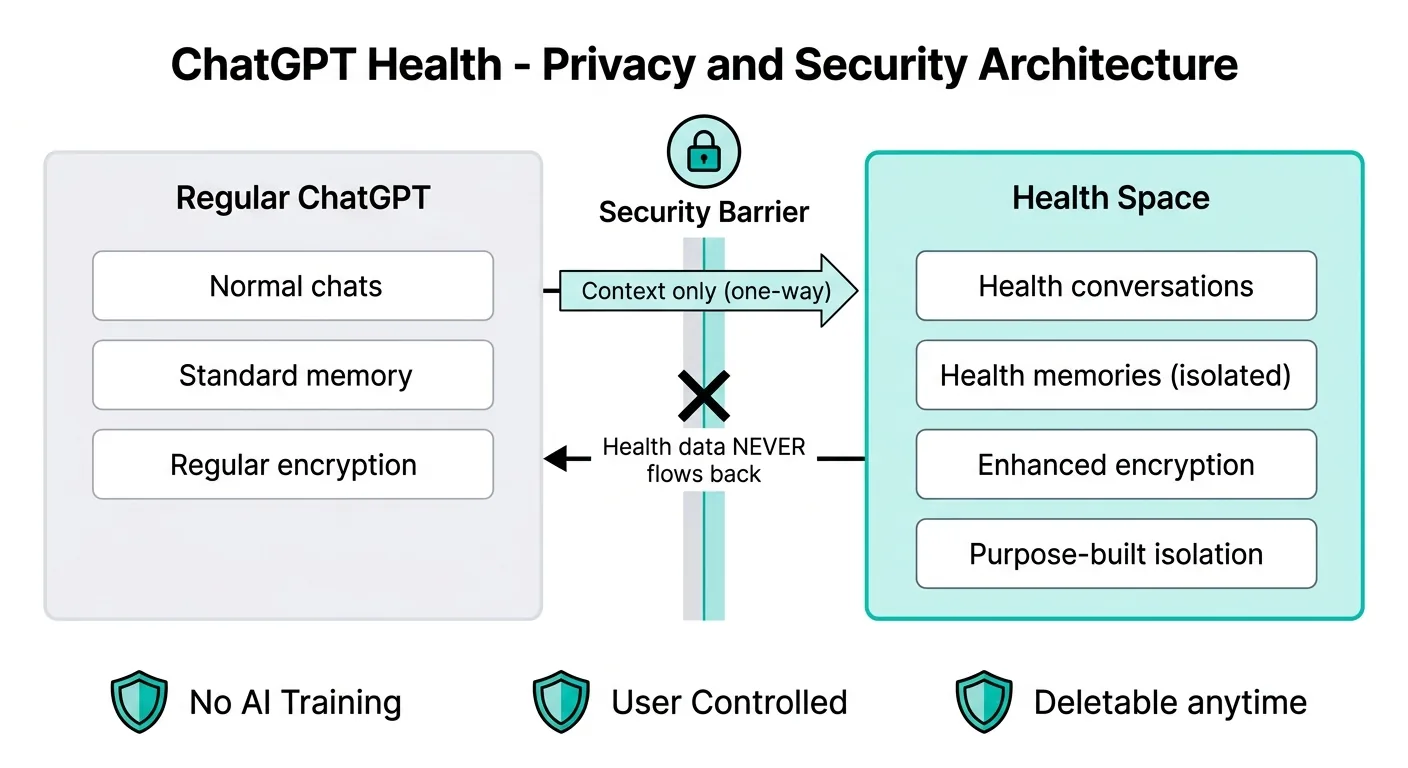 ChatGPT Healthのプライバシー設計：通常ChatGPTとHealthスペースの分離構造、セキュリティバリア、双方向データ遮断の仕組み（OpenAI公式情報より作成）