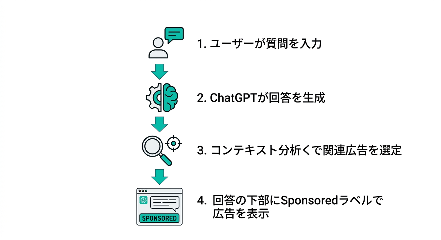 ChatGPTの広告表示フロー(ユーザーの質問からSponsoredラベルでの広告表示まで)(.AI TIMES編集部作成)