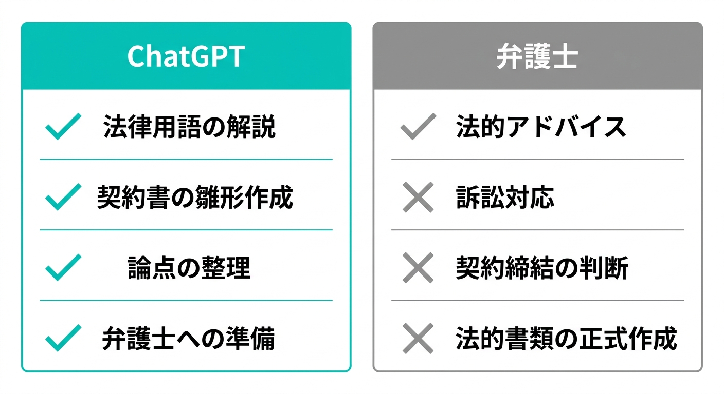 ChatGPTと弁護士の使い分け一覧(.AI TIMES編集部作成)