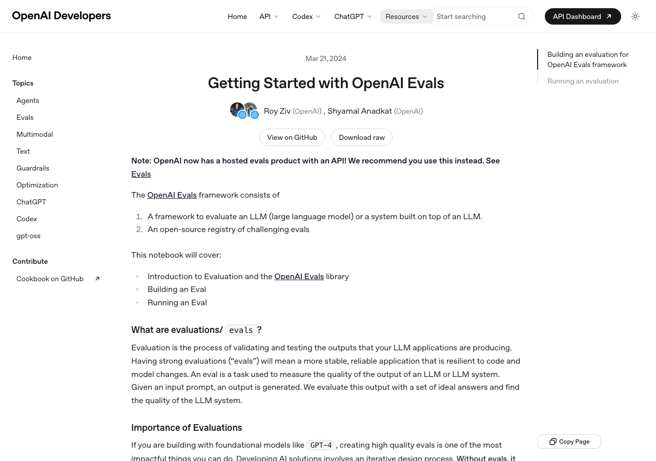 OpenAI CookbookのEvals(評価)フレームワーク入門ページ(公式サイトより)