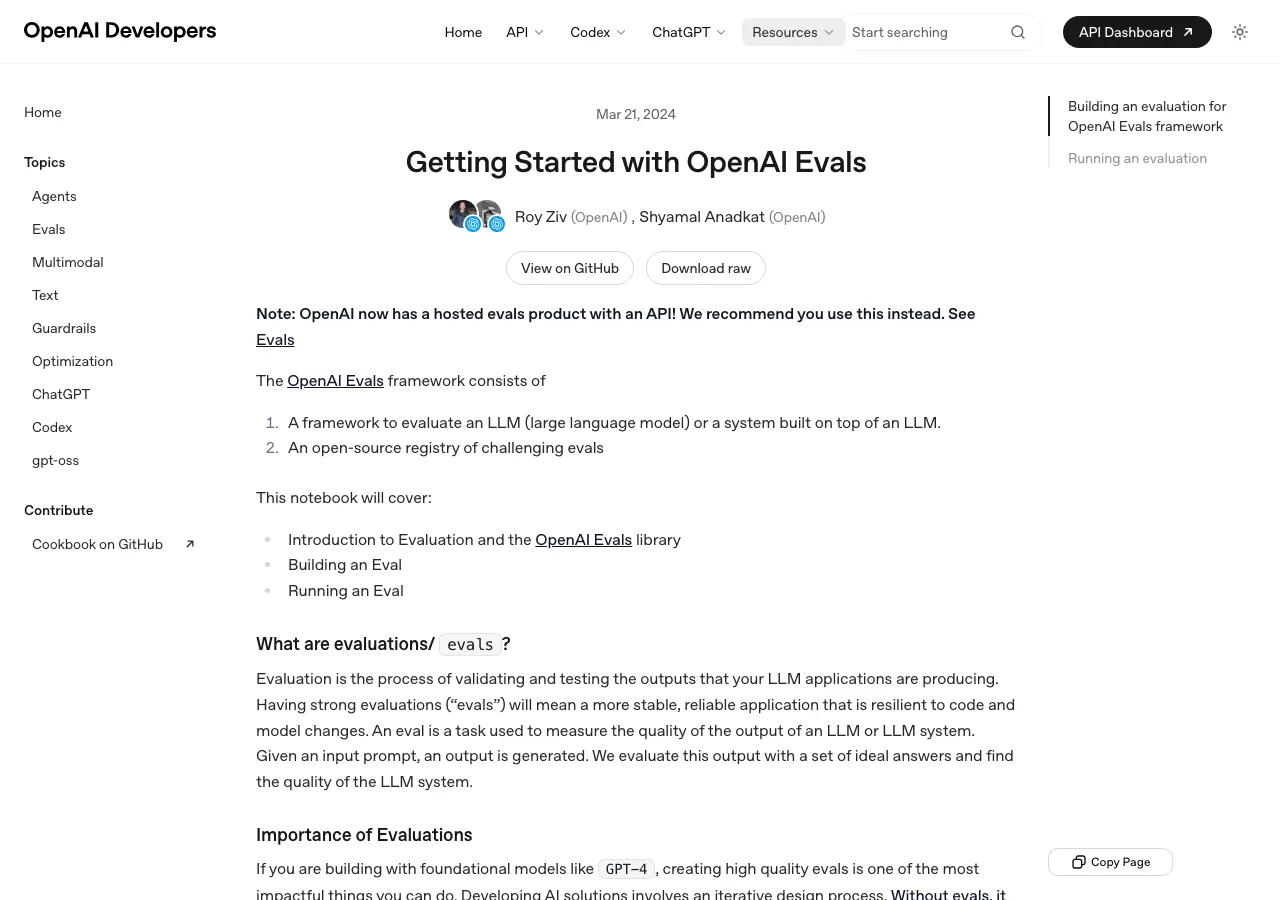 OpenAI CookbookのEvals（評価）フレームワーク入門ページ（公式サイトより）