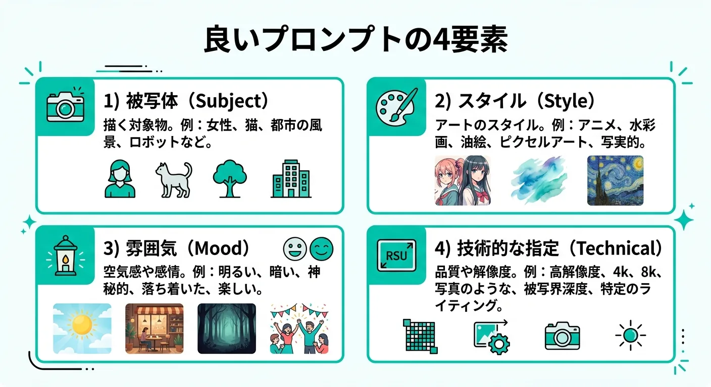 良いプロンプトの4要素（被写体・スタイル・雰囲気・技術的な指定）