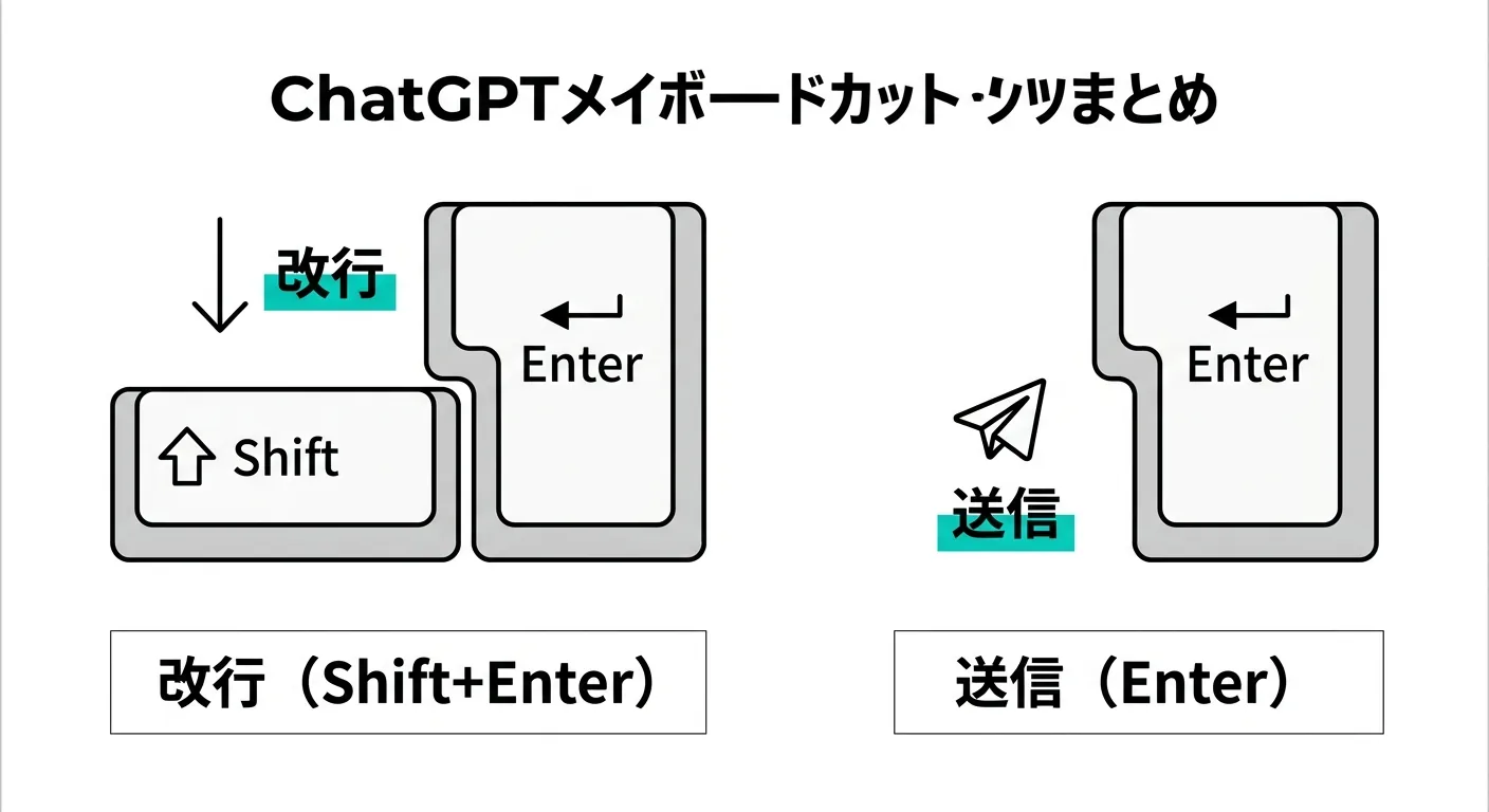 ChatGPTのキーボードショートカット：Shift+Enterで改行、Enterで送信（図解）