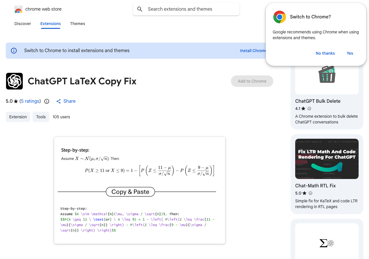 Chrome拡張機能「ChatGPT LaTeX Copy Fix」のインストール画面(公式サイトより)