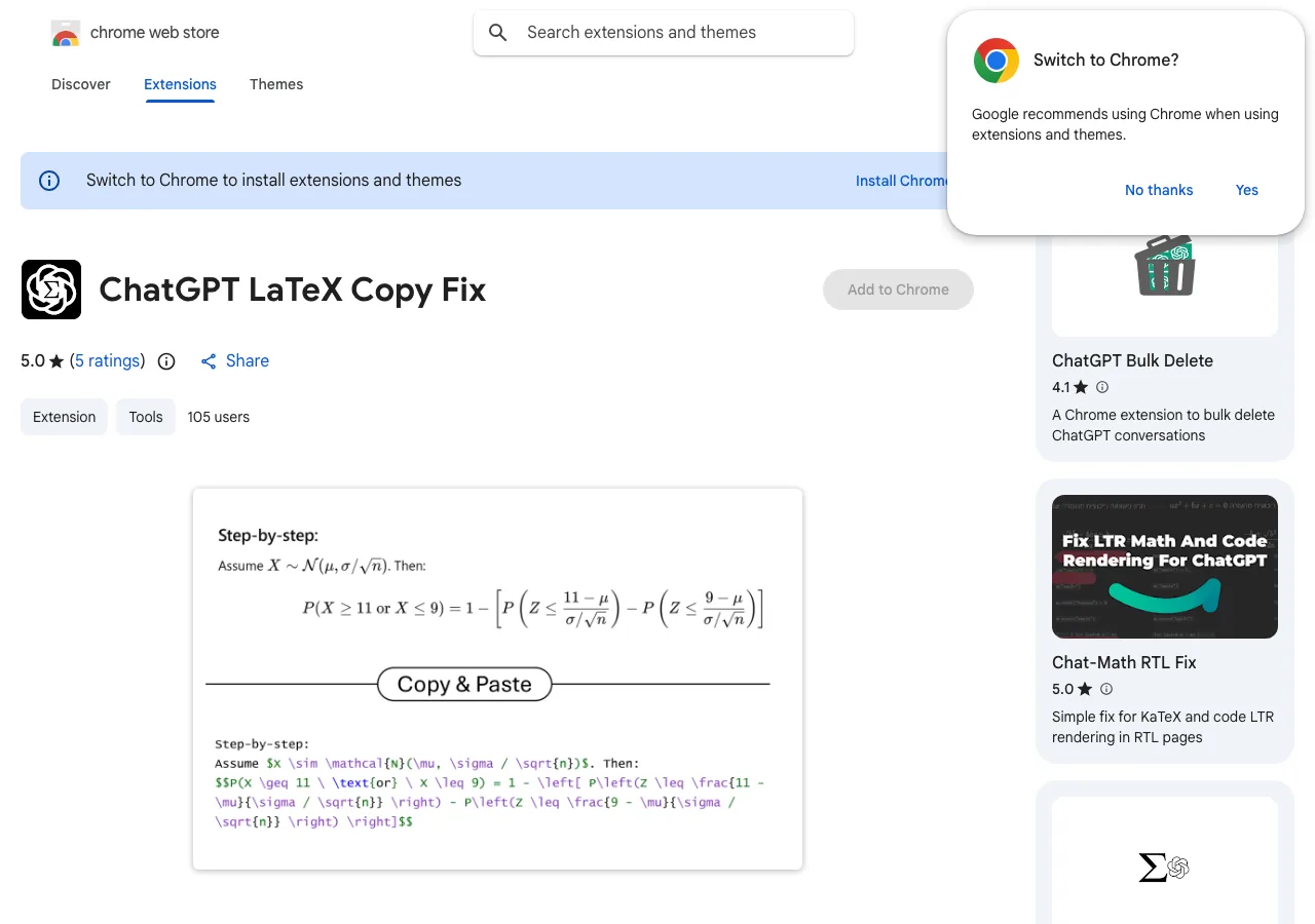 Chrome拡張機能「ChatGPT LaTeX Copy Fix」のインストール画面（公式サイトより）