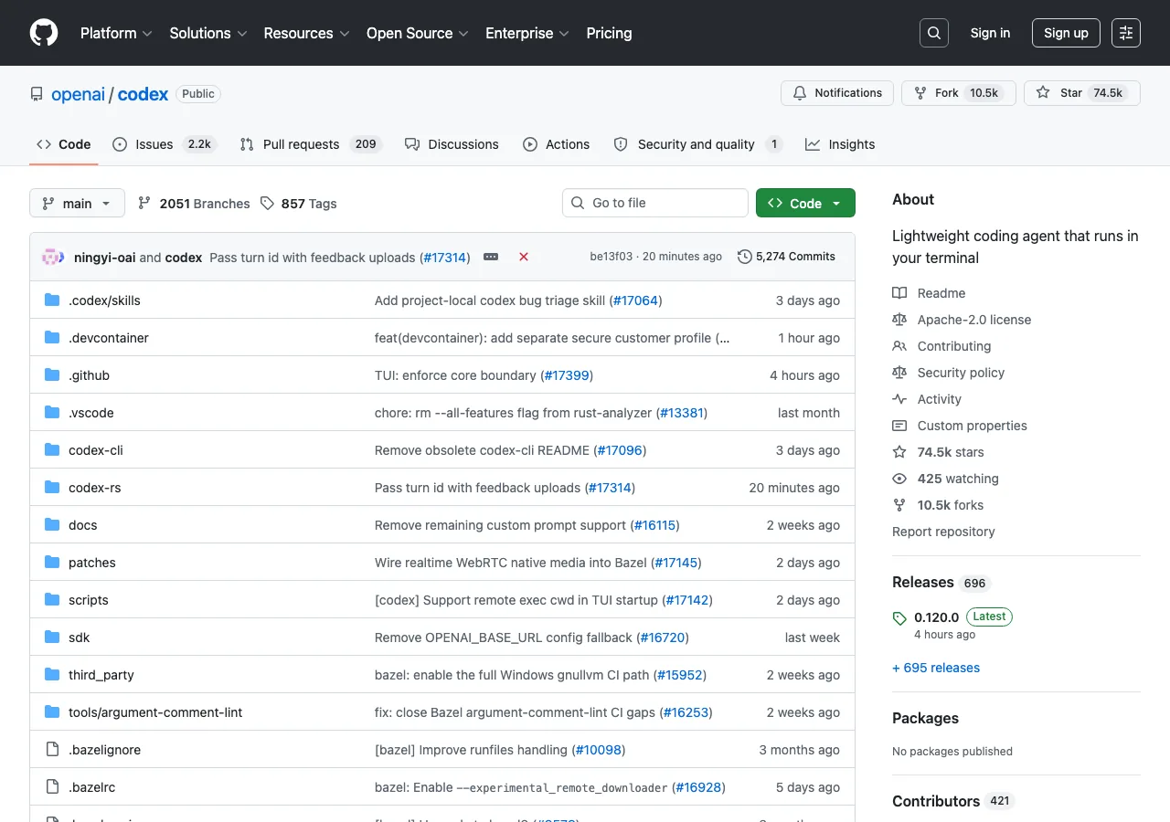 openai/codex GitHubリポジトリのトップページ（公式サイトより）