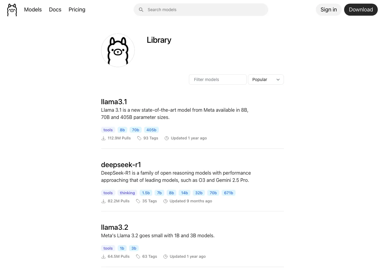 Ollamaのモデルライブラリページ(Llama、DeepSeek、Gemma等の人気モデルが確認できる)(公式サイトより)
