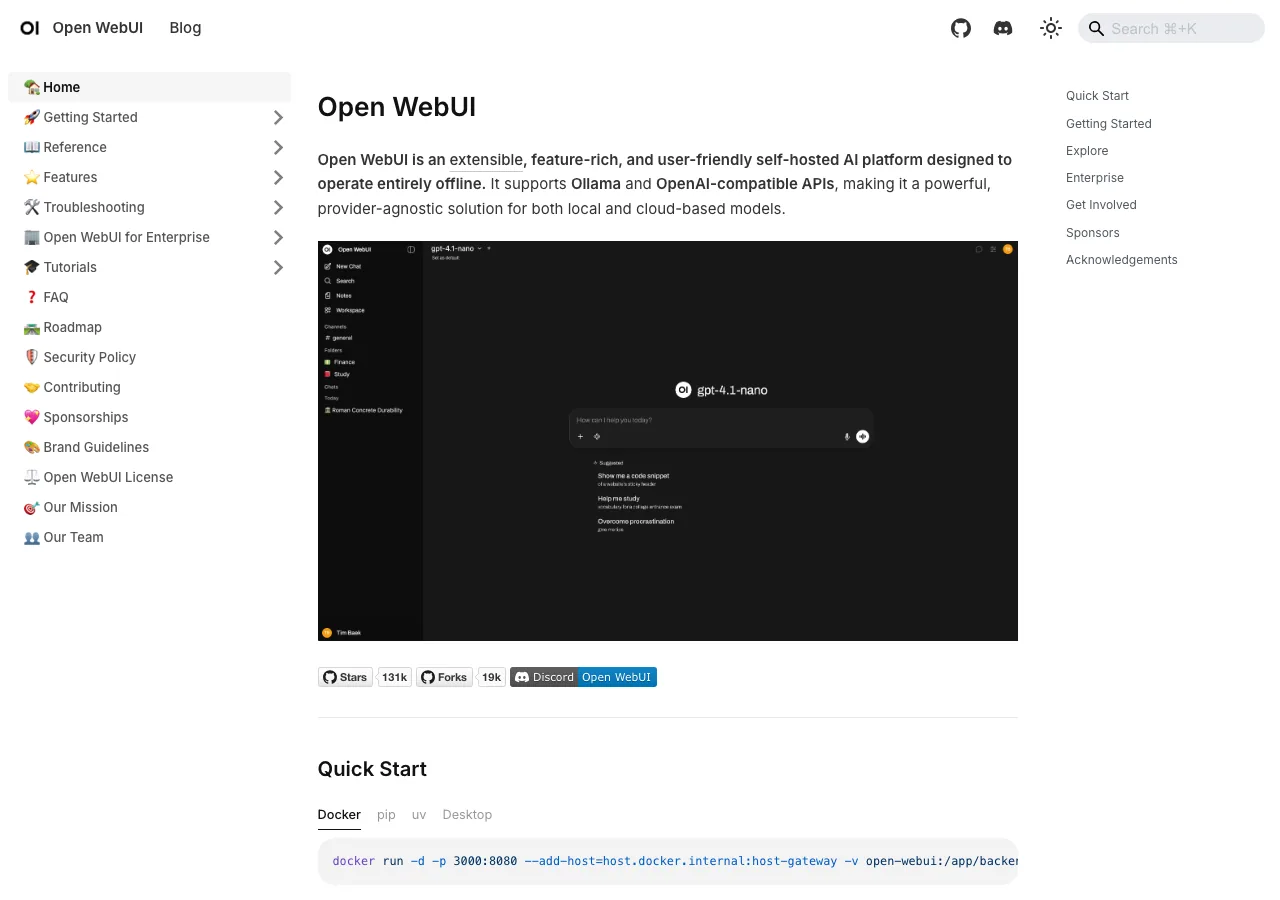 Open WebUI公式ドキュメント(Dockerコマンドでの起動方法が確認できる)(公式サイトより)