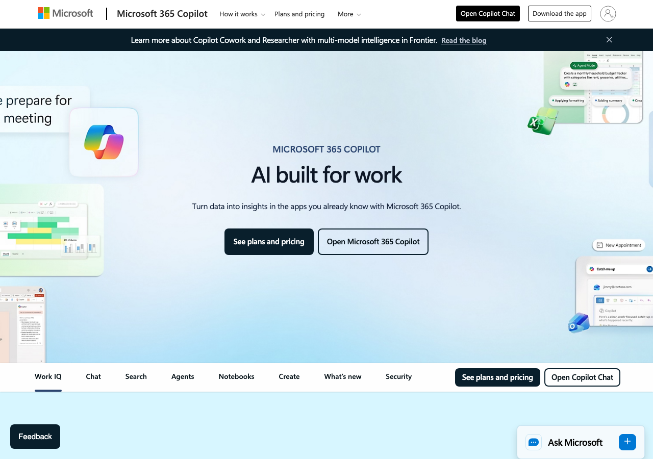 Microsoft 365 Copilotのトップページ - AI built for work(公式サイトより)