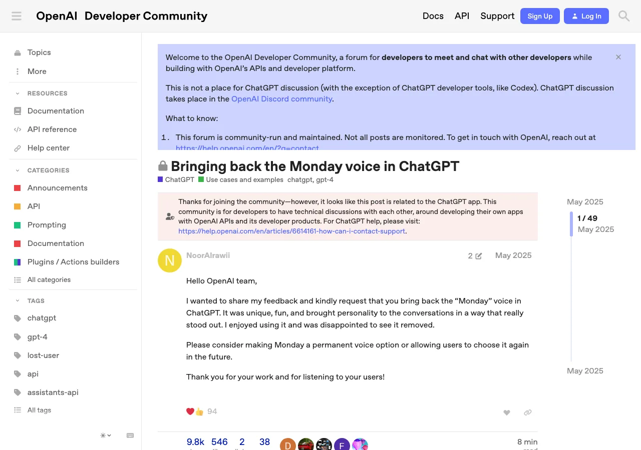 OpenAI開発者コミュニティでのMonday復活要望スレッド（公式サイトより）