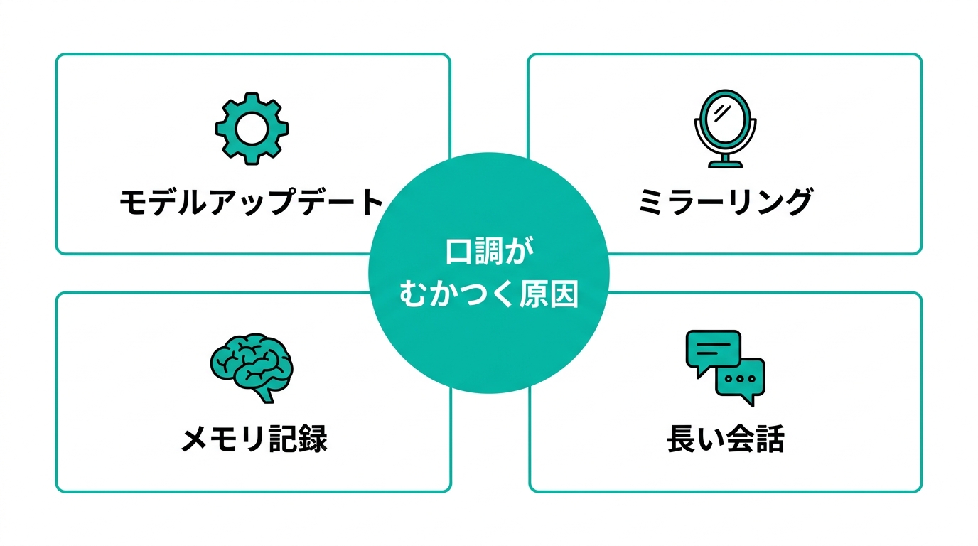 ChatGPTの口調がむかつく4つの原因(モデルアップデート・ミラーリング・メモリ記録・長い会話)の図解