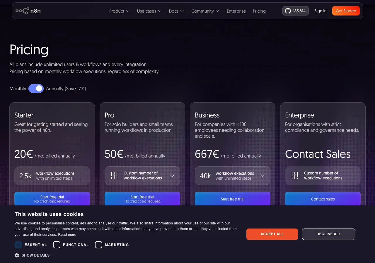 n8nの料金プラン一覧（Starter/Pro/Business/Enterprise）の公式サイト画面（n8n公式サイトより）