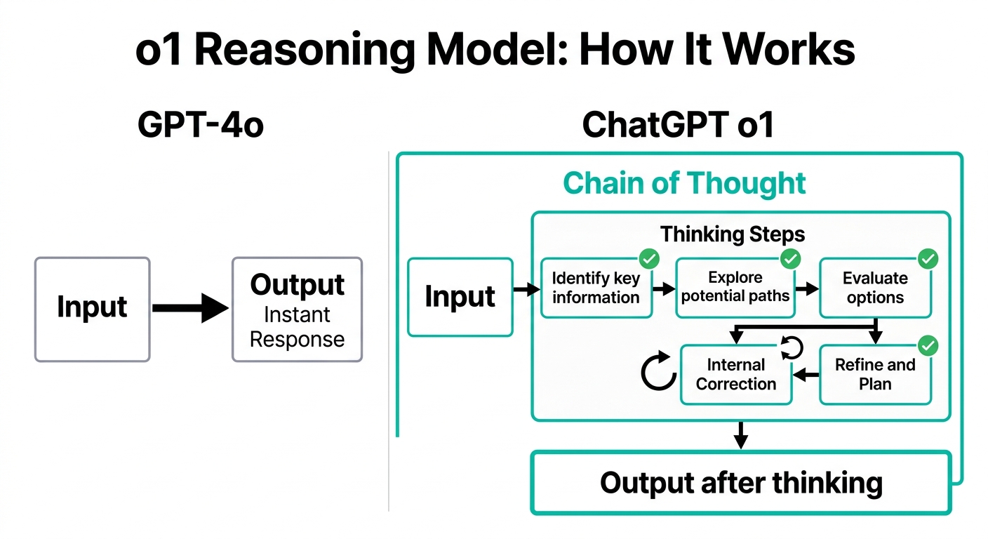 ChatGPT o1とGPT-4oの推論の仕組み比較図(Gemini生成)