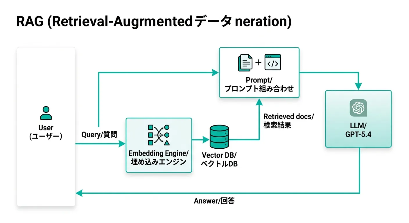 ChatGPT RAGの仕組み：ユーザーの質問がベクトルDBで検索され、関連ドキュメントとともにLLMに渡されて回答が生成されるフロー図（公式サイトより）