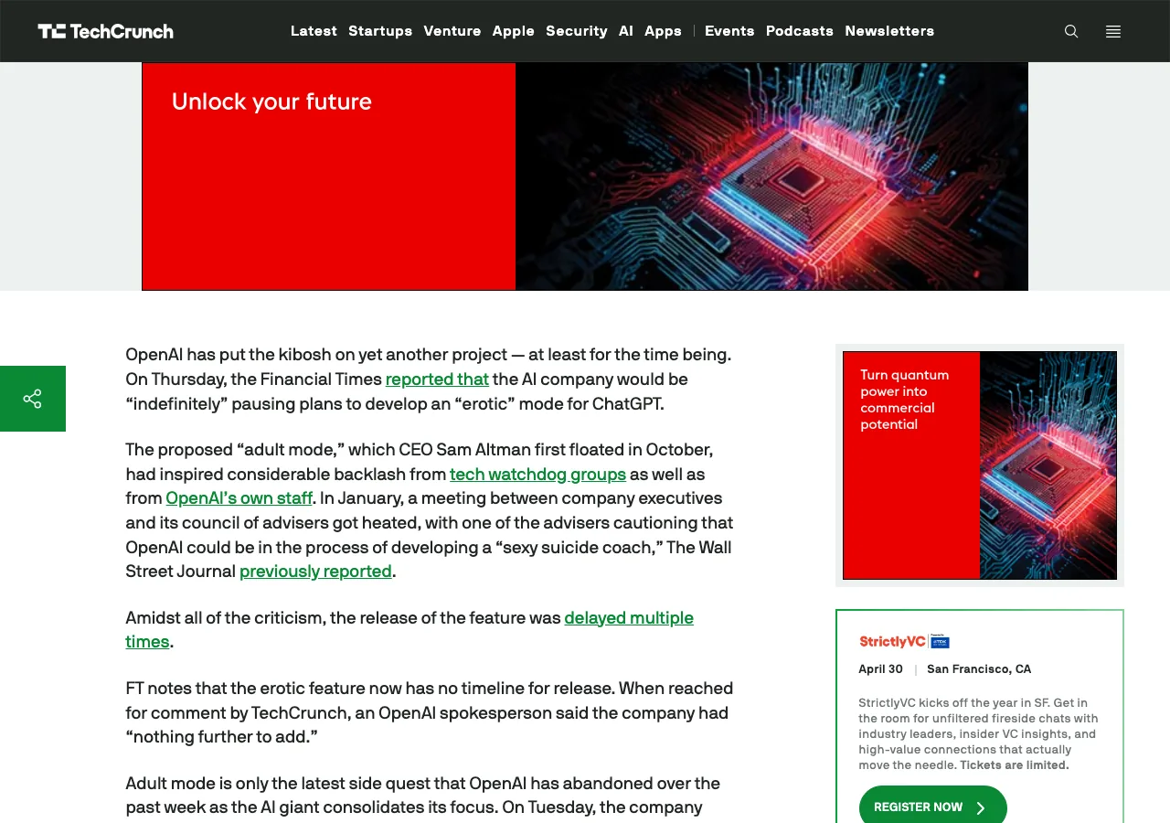 TechCrunchによるChatGPTアダルトモード無期限延期の報道（公式サイトより）