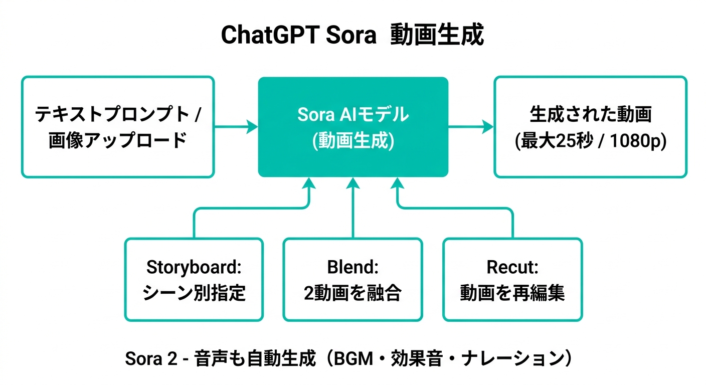 ChatGPT Soraの動画生成フロー:テキストプロンプト→Sora AIモデル→生成動画の流れと編集機能(公式サイトより)