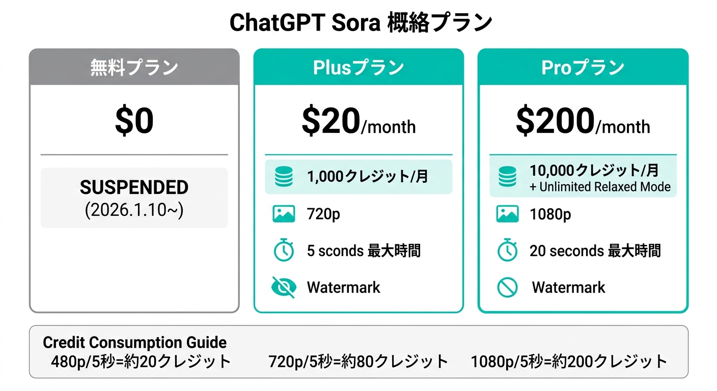ChatGPT Soraのプラン料金比較:無料(停止中)・Plus(月20ドル)・Pro(月200ドル)とクレジット消費量の一覧(公式情報をもとに作成)
