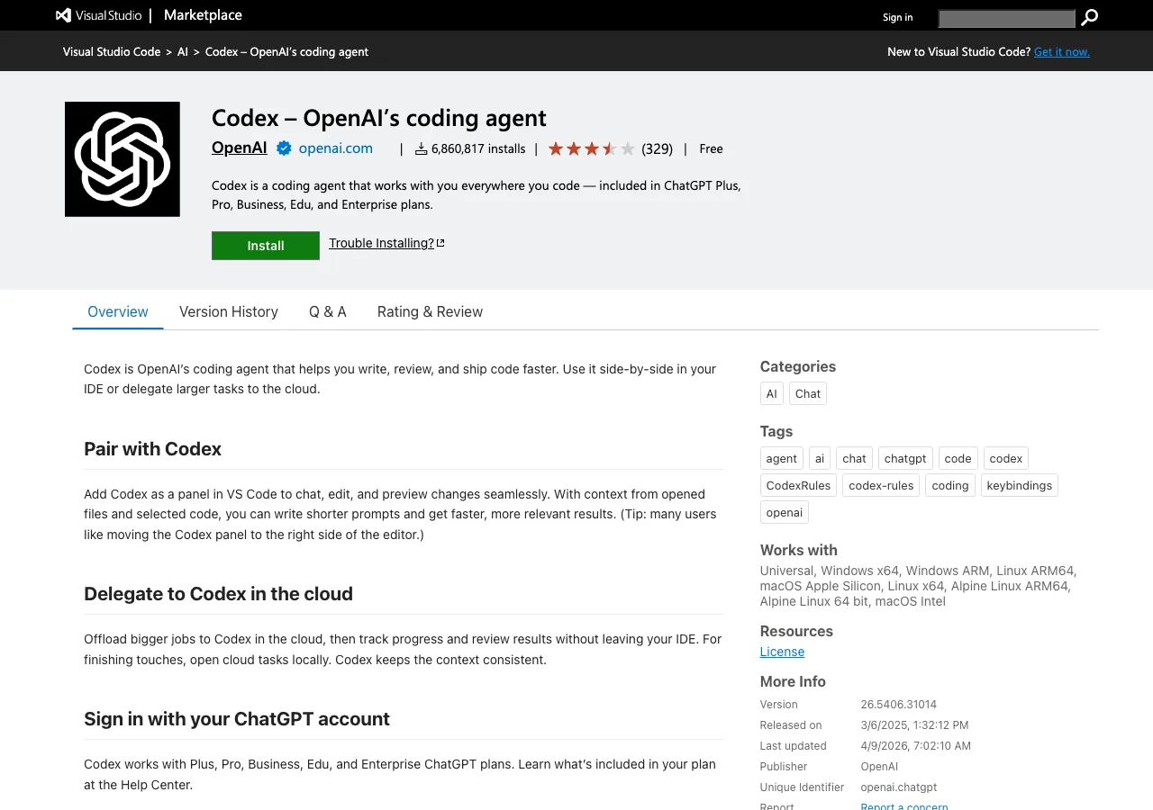 Codex – OpenAI's coding agentのVSCode Marketplaceページ（公式サイトより）