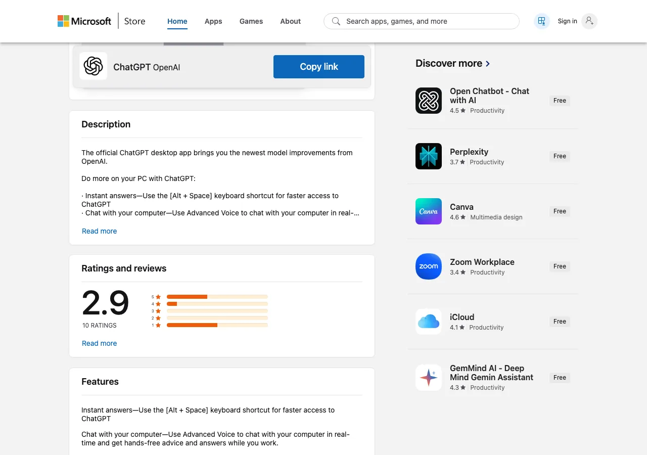 Microsoft StoreのChatGPTアプリページ（公式より）