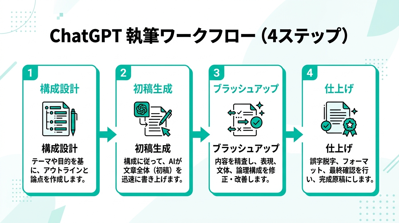 ChatGPT執筆ワークフロー(4ステップ):構成設計→初稿生成→ブラッシュアップ→仕上げの流れ(公式サイトより)