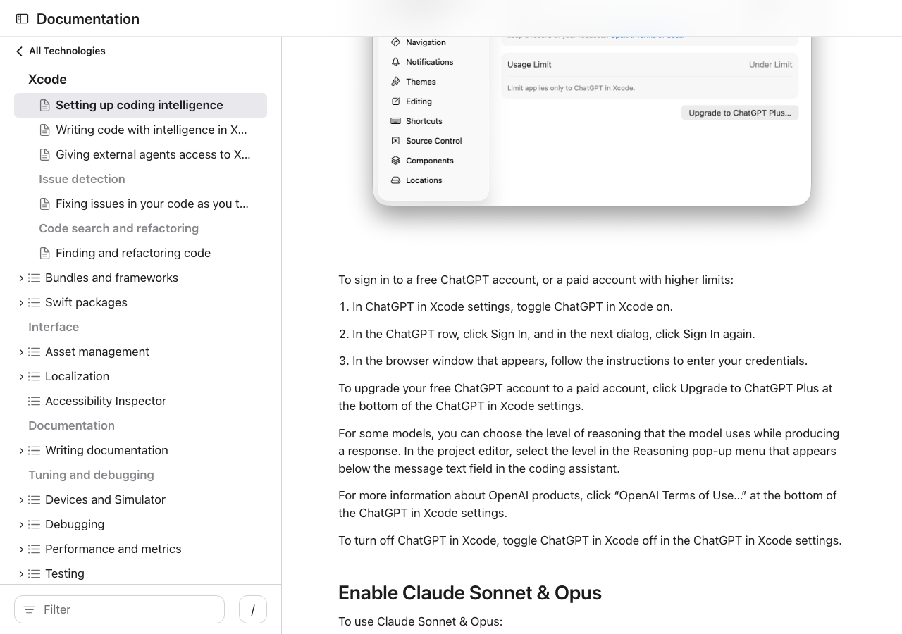 Xcode 26.3でChatGPT in XcodeとCodexの設定画面(Apple公式ドキュメントより)