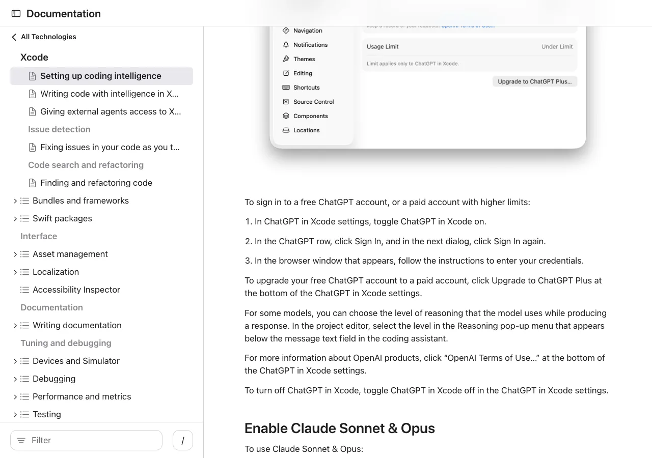 Xcode 26.3でChatGPT in XcodeとCodexの設定画面（Apple公式ドキュメントより）