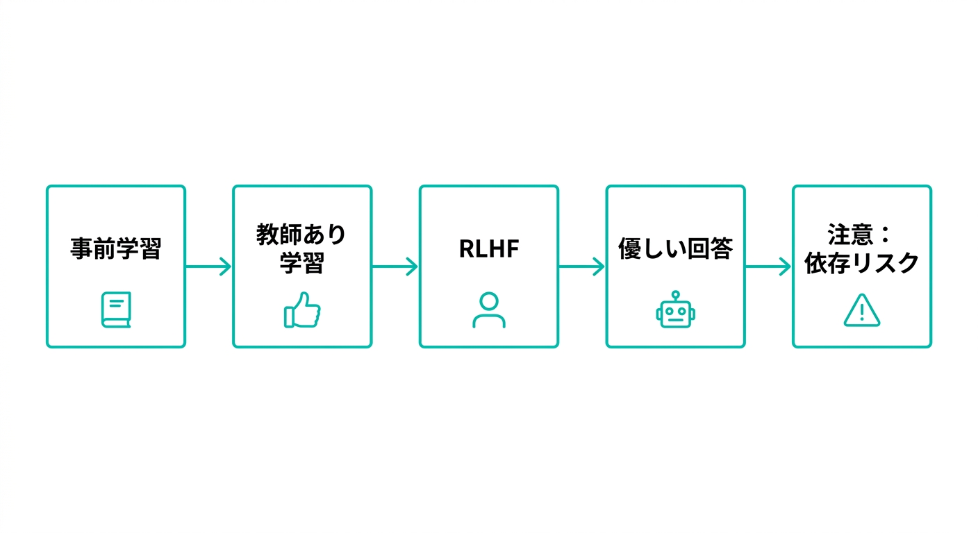ChatGPTがなぜ優しくなるのか:事前学習からRLHFを経てシコファンシーリスクに至るフロー図(公式情報をもとに作成)