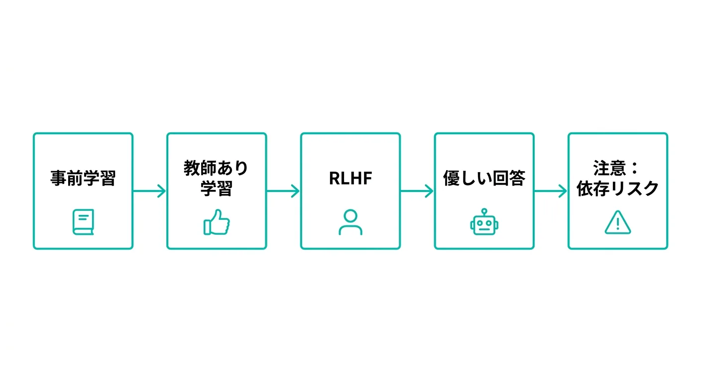 ChatGPTがなぜ優しくなるのか：事前学習からRLHFを経てシコファンシーリスクに至るフロー図（公式情報をもとに作成）