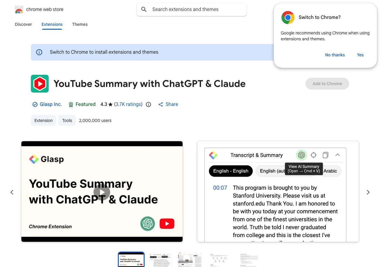 YouTube Summary with ChatGPT & Claude のChrome ウェブストアページ（公式サイトより）