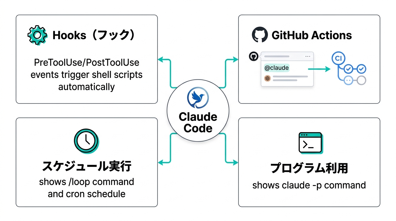 Claude Code自動化の4つのアプローチ(Hooks・GitHub Actions・スケジュール実行・プログラム利用)の全体像図解
