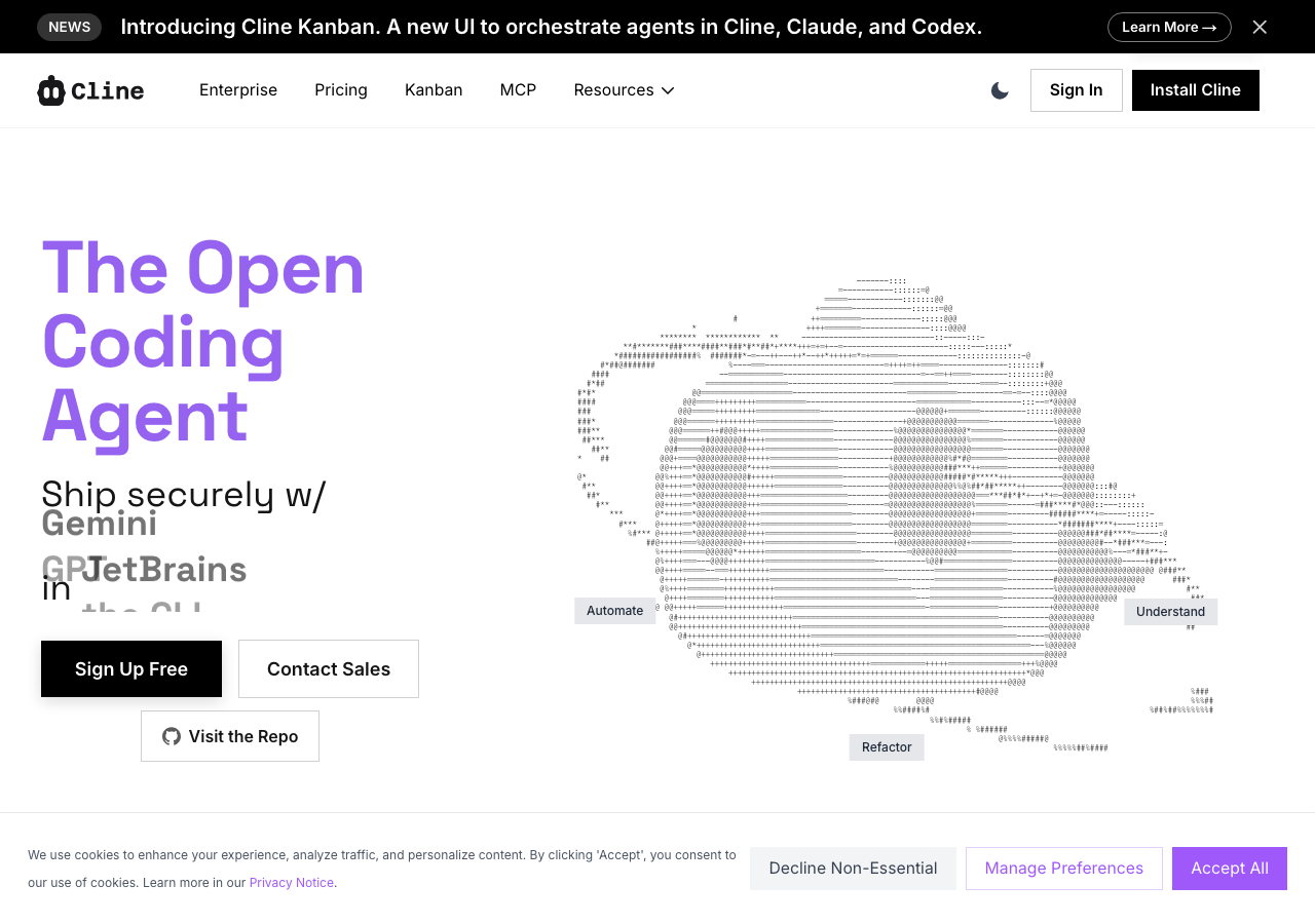 Clineの公式サイト「The Open Coding Agent」トップページ(公式サイトより)