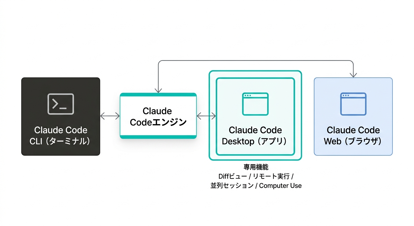 Claude Code製品ファミリーの全体像:CLI・Desktop・Webの関係図