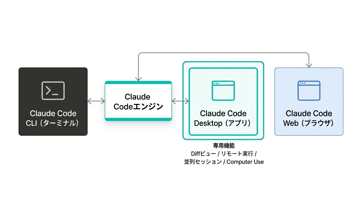 Claude Code製品ファミリーの全体像：CLI・Desktop・Webの関係図