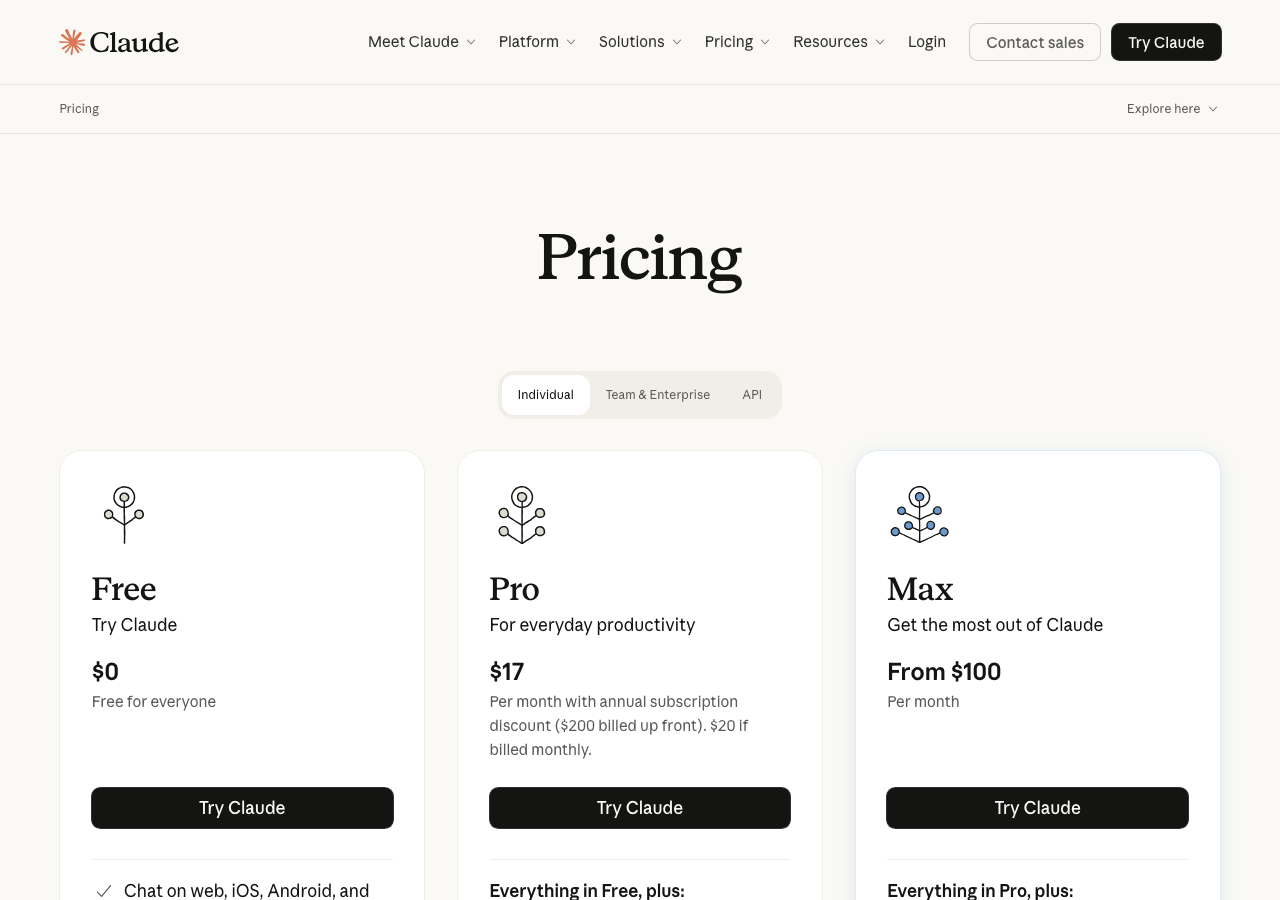 AnthropicのPricingページ。Free・Pro($17/月)・Maxの料金プランが一覧表示されている(公式サイトより)