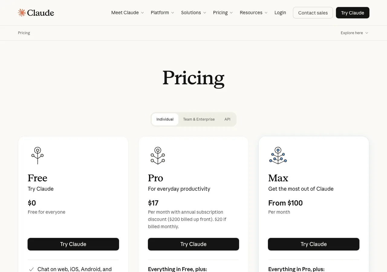 AnthropicのPricingページ。Free・Pro（$17/月）・Maxの料金プランが一覧表示されている（公式サイトより）