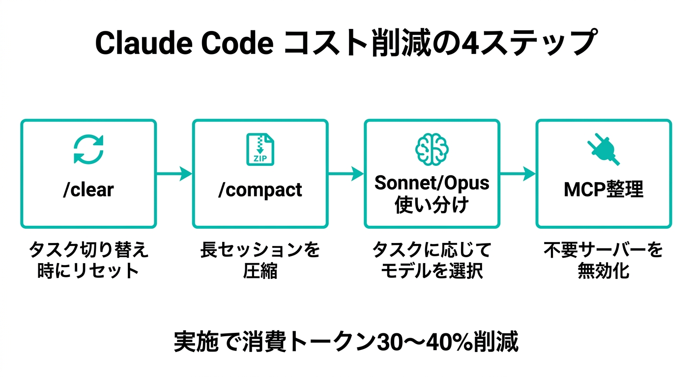 Claude Codeコスト削減の4ステップ図解:/clear・/compact・Sonnet/Opus使い分け・MCP整理