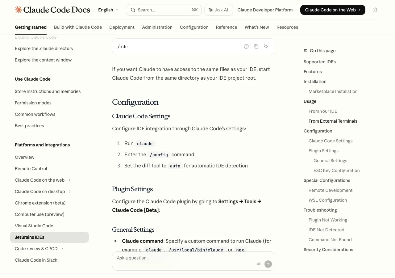 Claude Code JetBrains IDEプラグインの設定画面(公式サイトより)