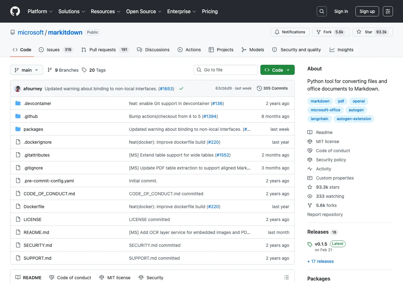 microsoft/markitdown GitHubページ - Excelファイル変換ツール（GitHubより）
