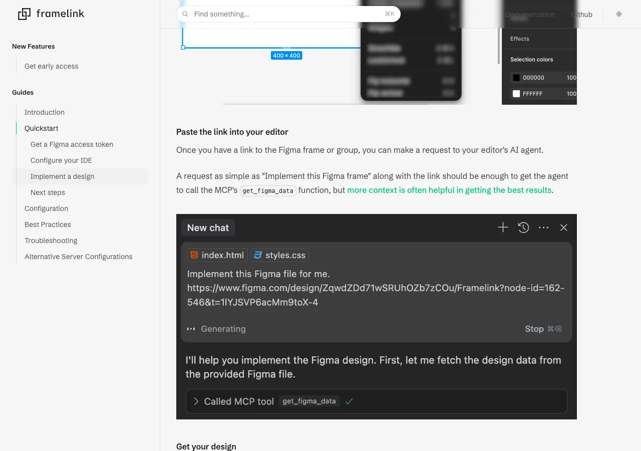Framelink MCPを通じてClaude CodeがFigmaデータを取得してコードを生成している画面（framelink.ai/docs/quickstartより）