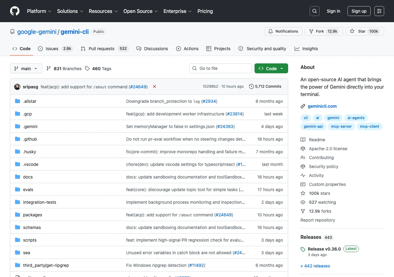 Gemini CLI 公式GitHubリポジトリ（Star数10万超・オープンソース）（公式サイトより）