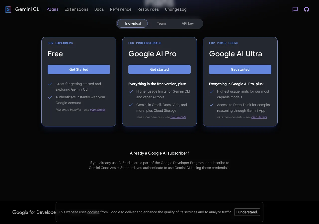 Gemini CLIの料金プラン一覧（Free・Google AI Pro・Ultra）（公式サイトより）